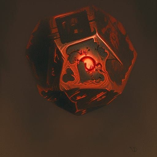 Wooden d20, cursed, evil, glowing, hyperdetailed, blood, 1