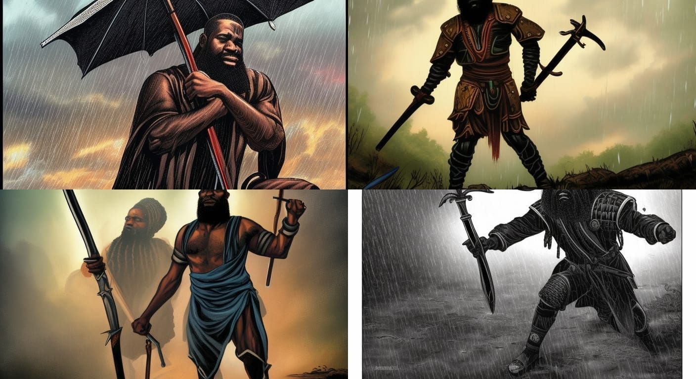 Black Israelite warrior with beard praying in the rain with sword in ...