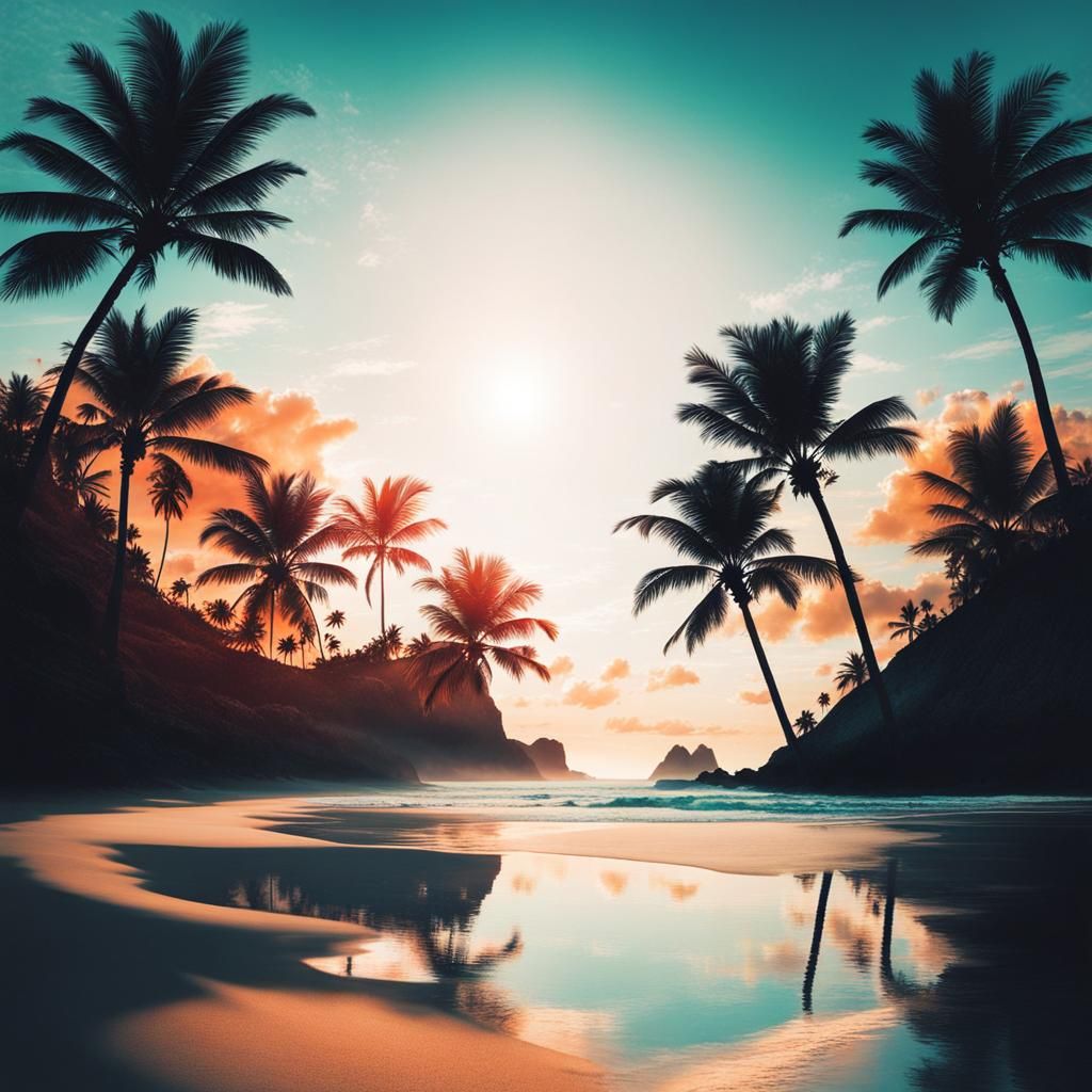 Double exposure art, A tropical paradise within the silhouet...