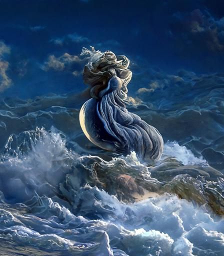 Goddess of the sea and the moon in the ocean waves during st...