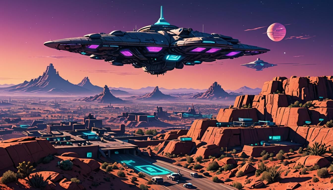 Rock band new mexico scenery twilight pueblo nuanced psychedelic  ( cyberpunk spaceship 1.3 ) 