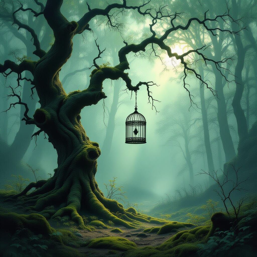 A lone, ancient tree stands in a misty, forgotten forest clearing. Its gnarled branches are entwined with a delicate, ornate birdcage, empty...