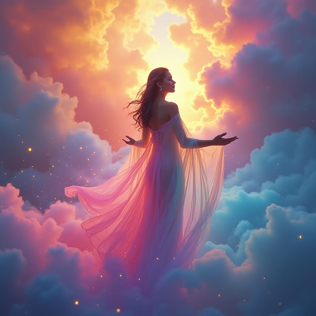 A goddess sunrounded by The colours of the rainbow