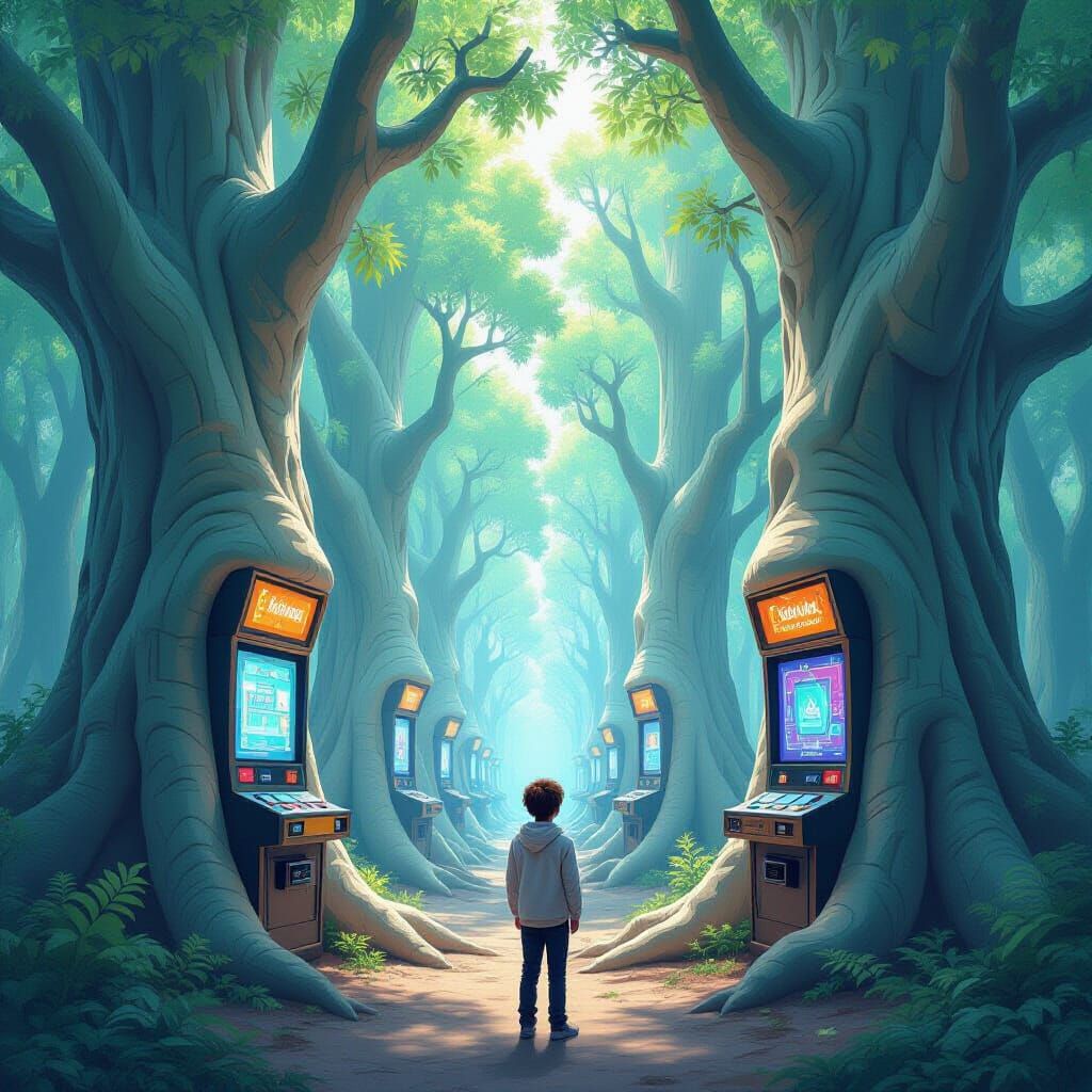 Гипердетализированная футуристическая сцена в стиле магического реализма и sci-fi.
Лес как метафора сознания: широкие, древние деревья с мощ...