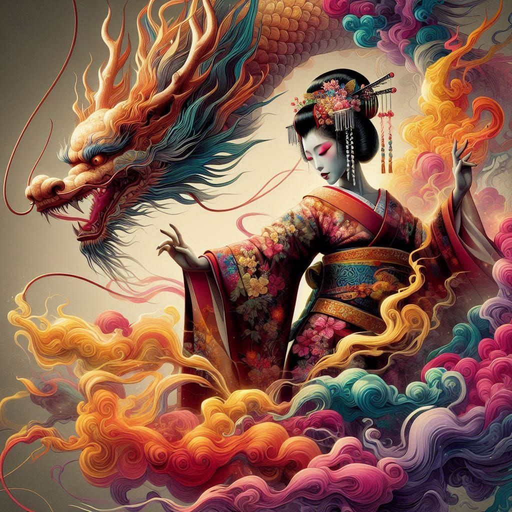 Colourful geisha and smokey dragon
