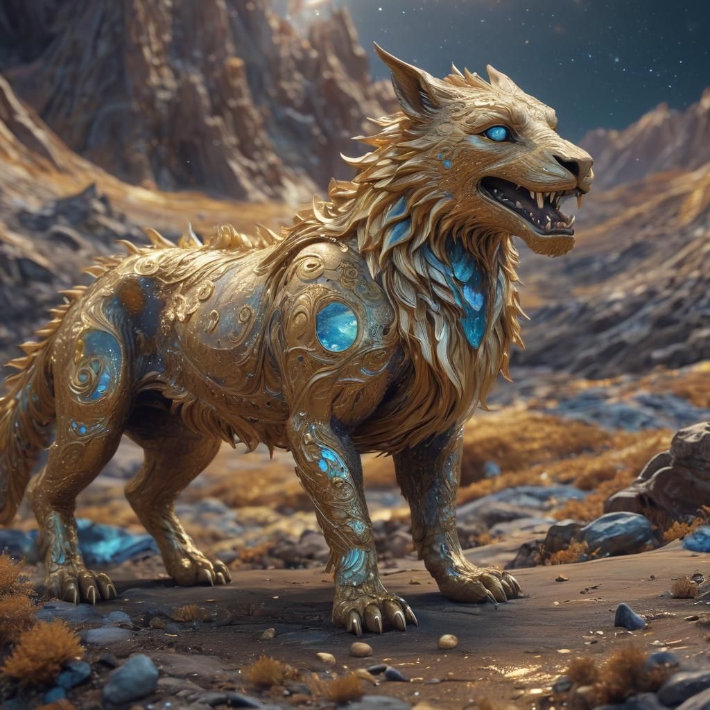 Joyful Golden Creature on Iridescent Lunar Landscape