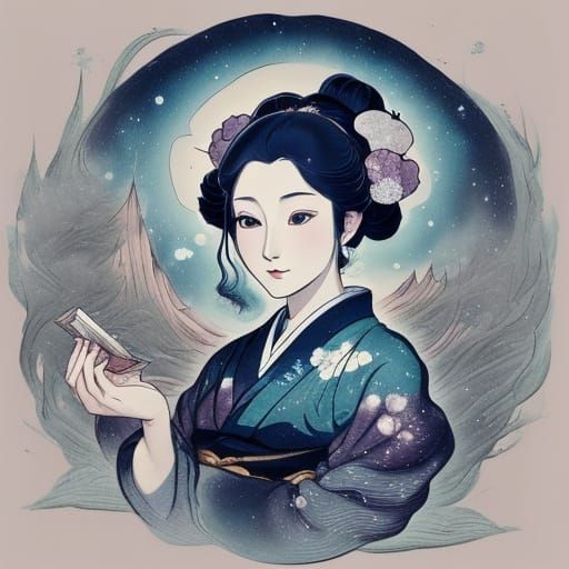 Mystical Woman with Cosmic Eyes in Ukiyo-e Style