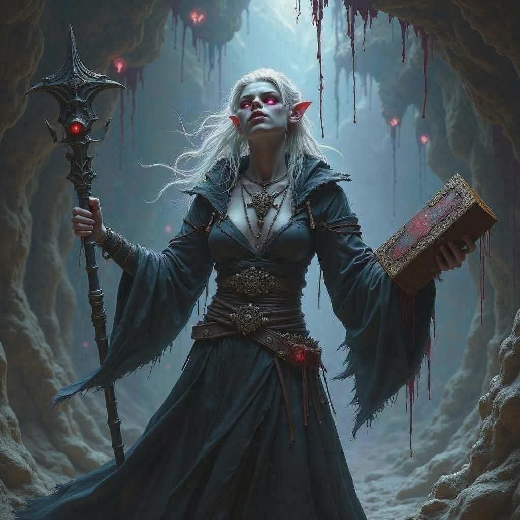 Female drow elf cleric of Kiaransalee stands defiantly in the midst of a dimly lit underground cavern, her gray skin slick, white hair wild...