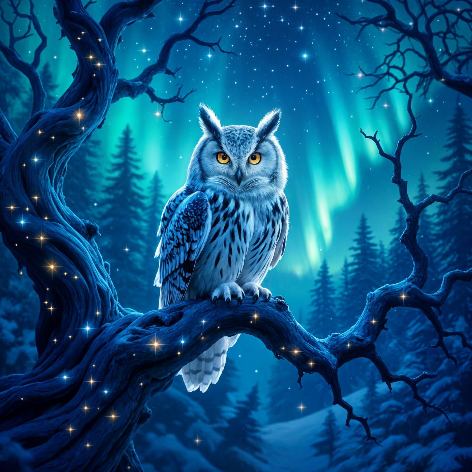An ethereal snow owl with feathers that shimmer like stardust, perched on a gnarled, ancient celestial ...  by @Angel