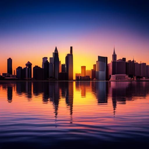 City skyline across the water at sunset