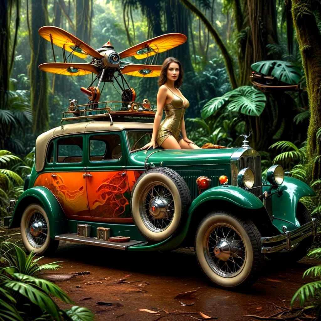 Surreal Antique Car with Beautiful Woman in Rainforest