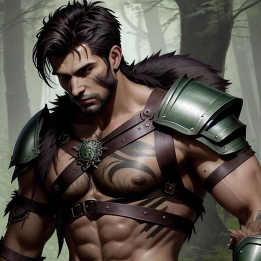 rugged 20 year old male, short dark hair, leather armor druid/ranger dnd art hyper realistic