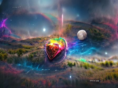 Rainbow Heart Grenade Under Full Moon, Astral Illustration
