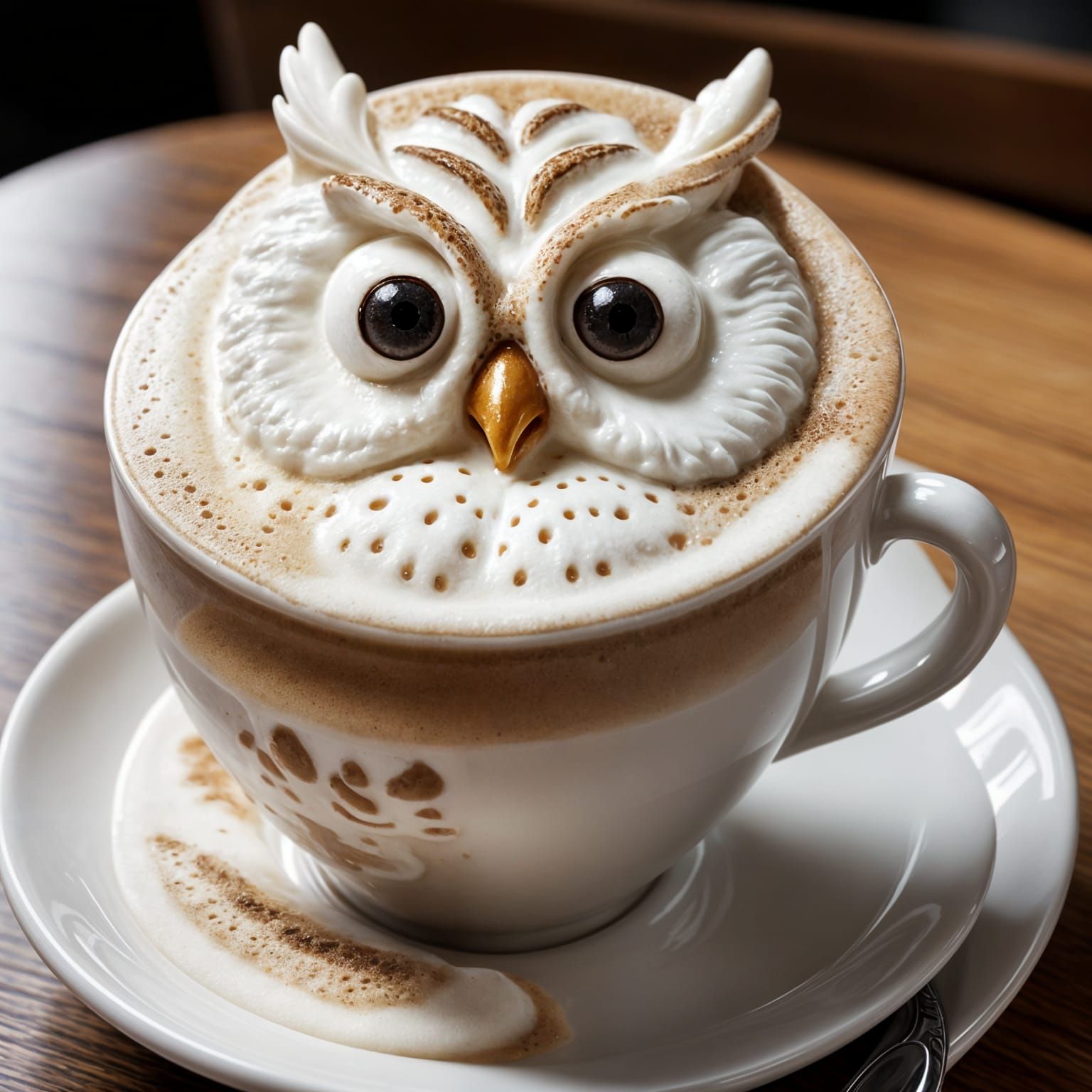 A realistic close-up of a cup of cappuccino with a detailed cute white owl made of milk foam walking ...  by @jnatas