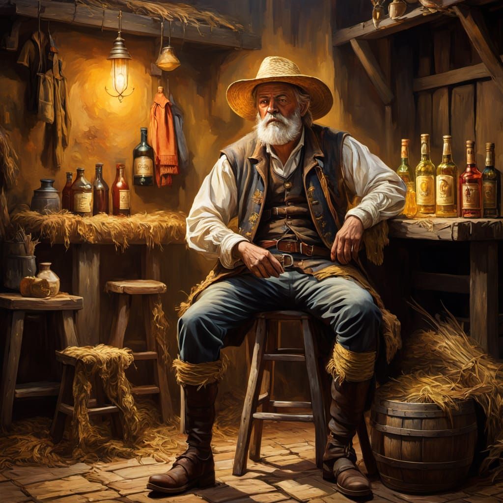 Portrait of a Drunken Farmer in a medieval fantastic setting. Hyperrealistic, splash art, concept art, ...  by @caprandom