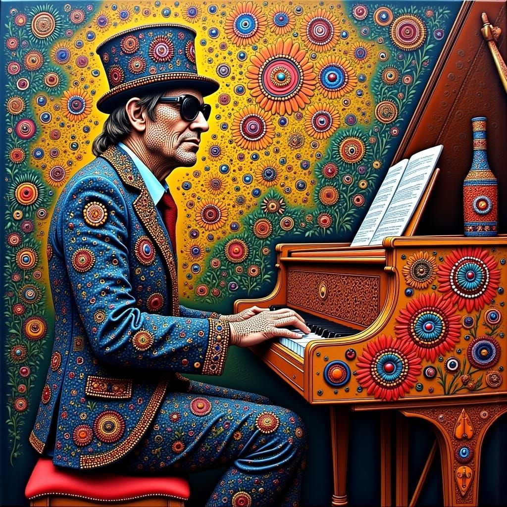 elton john sitting at the piano wearing very detailed jeweled outfit, Surreal Maximalist ABORIGINAL folk-art, cluttered zentangle oil on can...