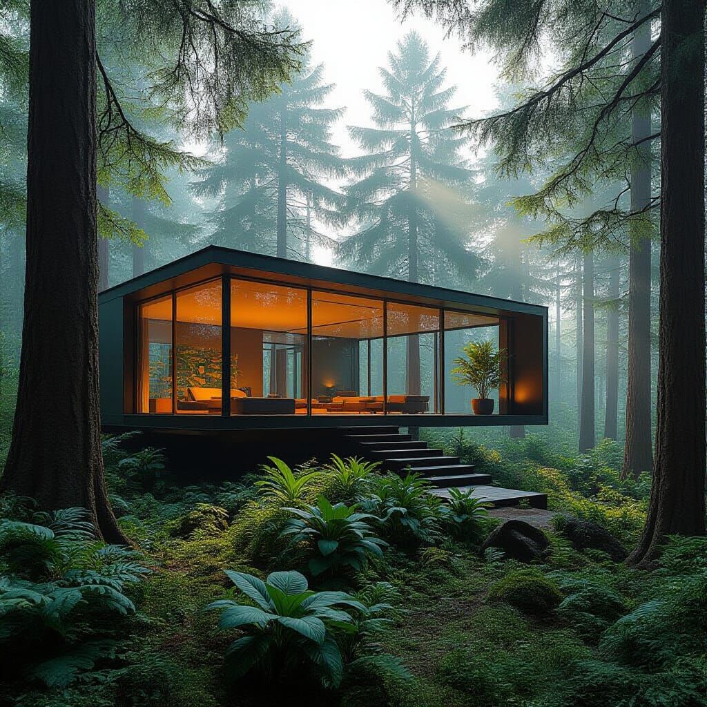 A breathtaking view of a glass house nestled deep within an ancient forest, sunlight filtering through the canopy to illuminate the sleek, m...