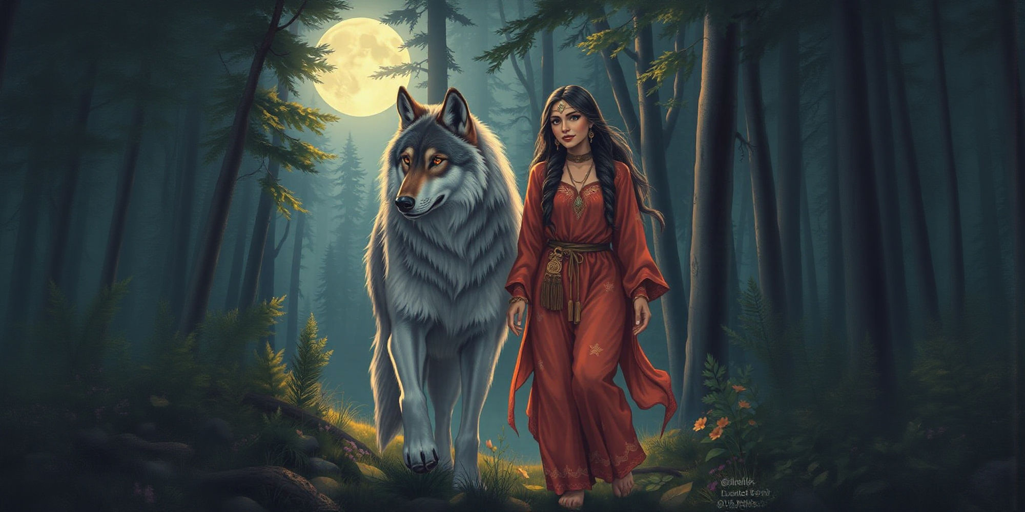 1 wolf in a lush big forest walking un der the moonlight next to a gorgeous indian lady dressed in glossy silk long pajamas smiling 
