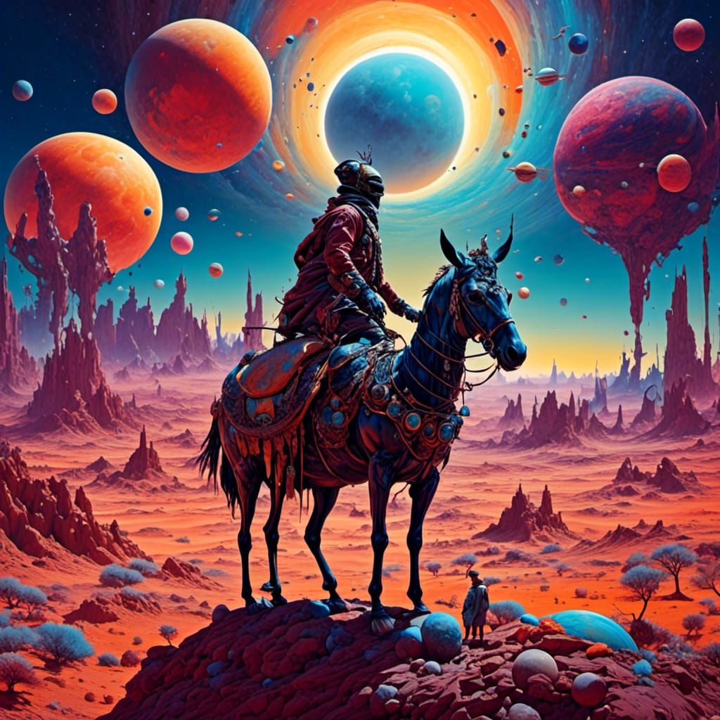 <lora:Morpheus :1.0> <lora:Fibonacci collage:1.0> Photo, Lost  traveler in the dessert, epic scene,displaying in the background the moon and...