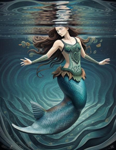 Finn Slough Mermaid nordic sami clothing, dark brown hair in...