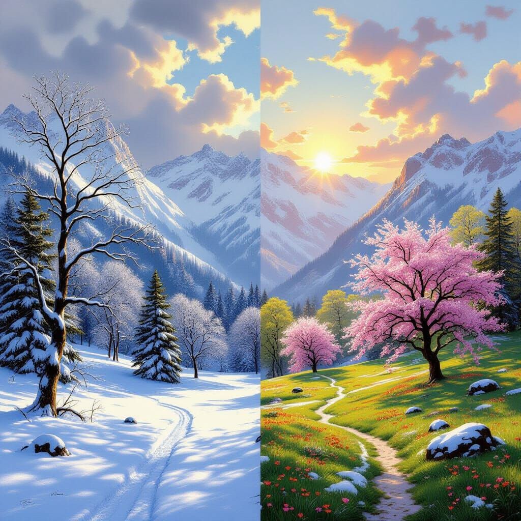 Image of a mountain with trees. Left half of image is taken during winter very cold and grey, there is snow, and the trees have bare branche...