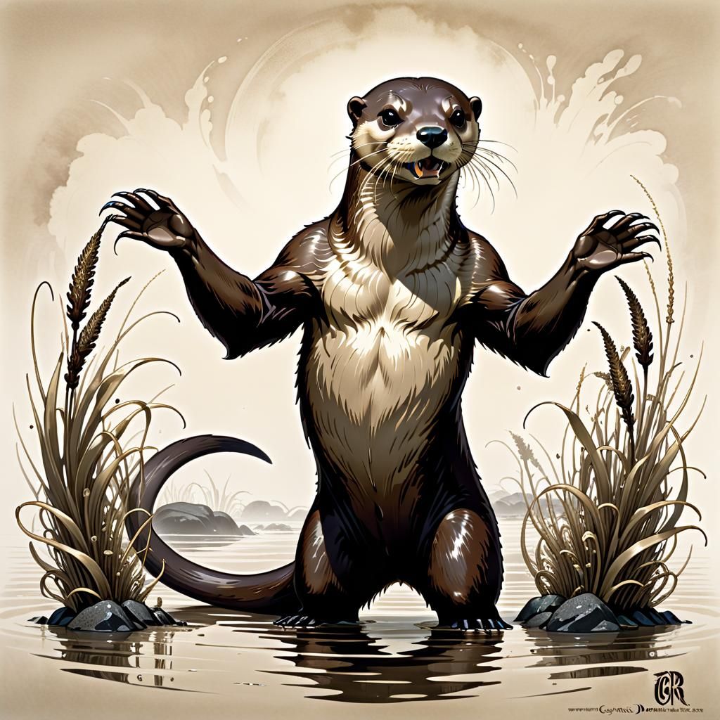 Full body sketch of a river otter-zombie, zombiecore, hissin...