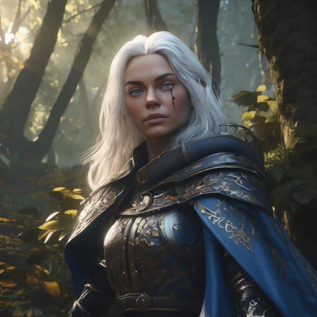 Halfling female rogue in a forest, long white hair, pale skin with blue eyes, wears black leather armour and cloak, has a scar over one eye