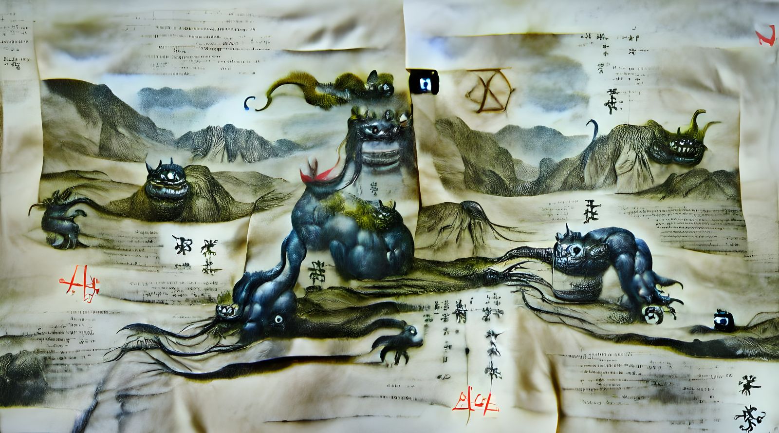 exquisite alchemical monster in its landscape chinese ink pa...