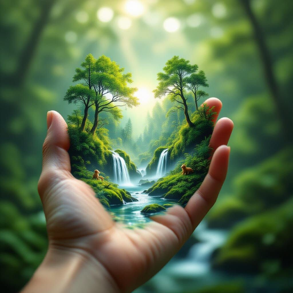 Double exposure of a human hand holding a miniature lush forest, waterfalls and mist inside the palm, ...  by @Manny Sharabi