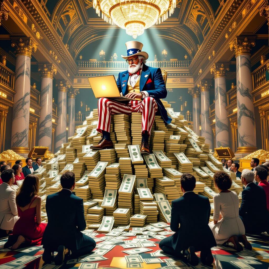 U.S. Uncle Sam sits atop a mountain of U.S.dollar bills, desperately trying to count them with a laptop computer. Severa...