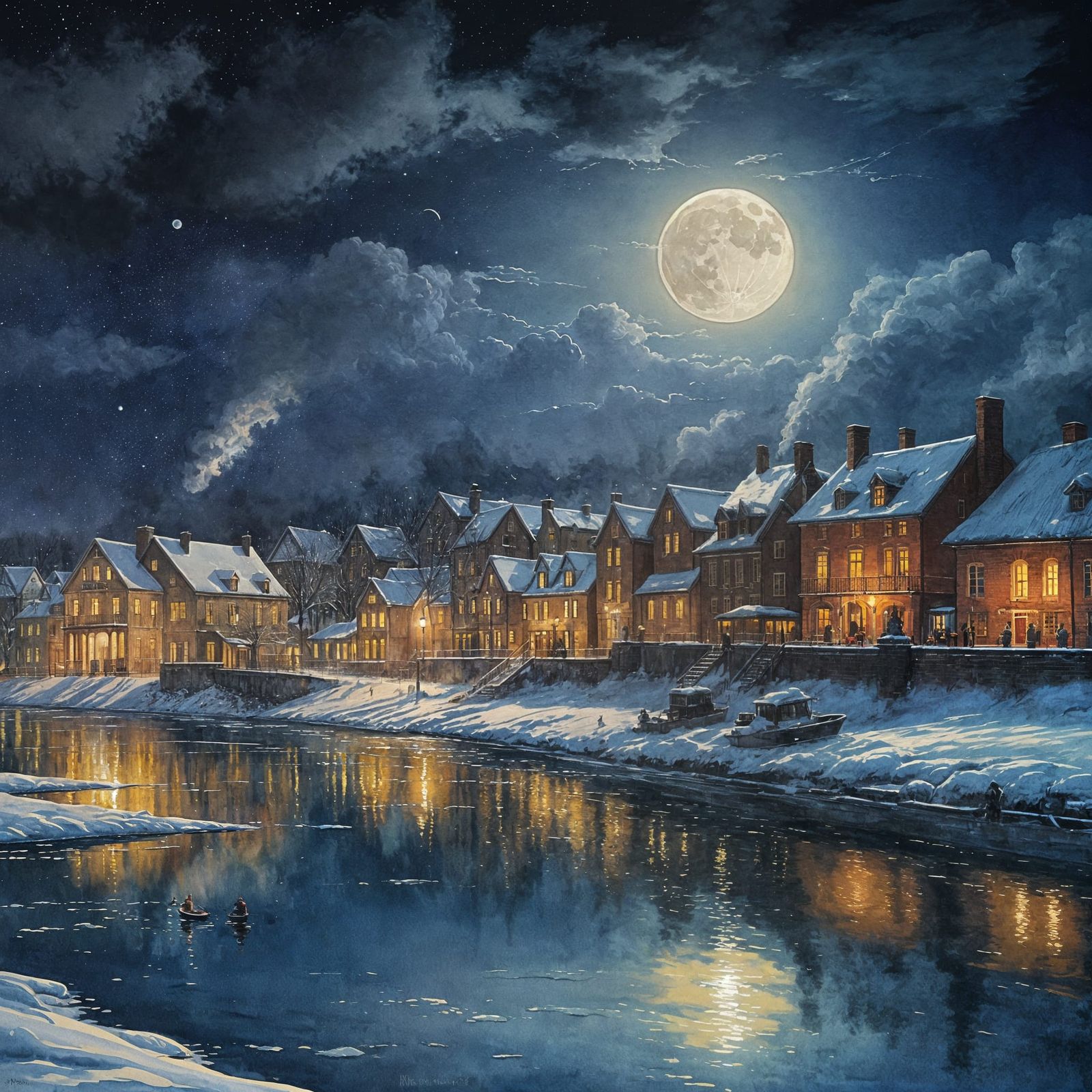 winter night on a wide river a huge moon in the sky its light is reflected in the water on one bank a ...  by @Zacharo
