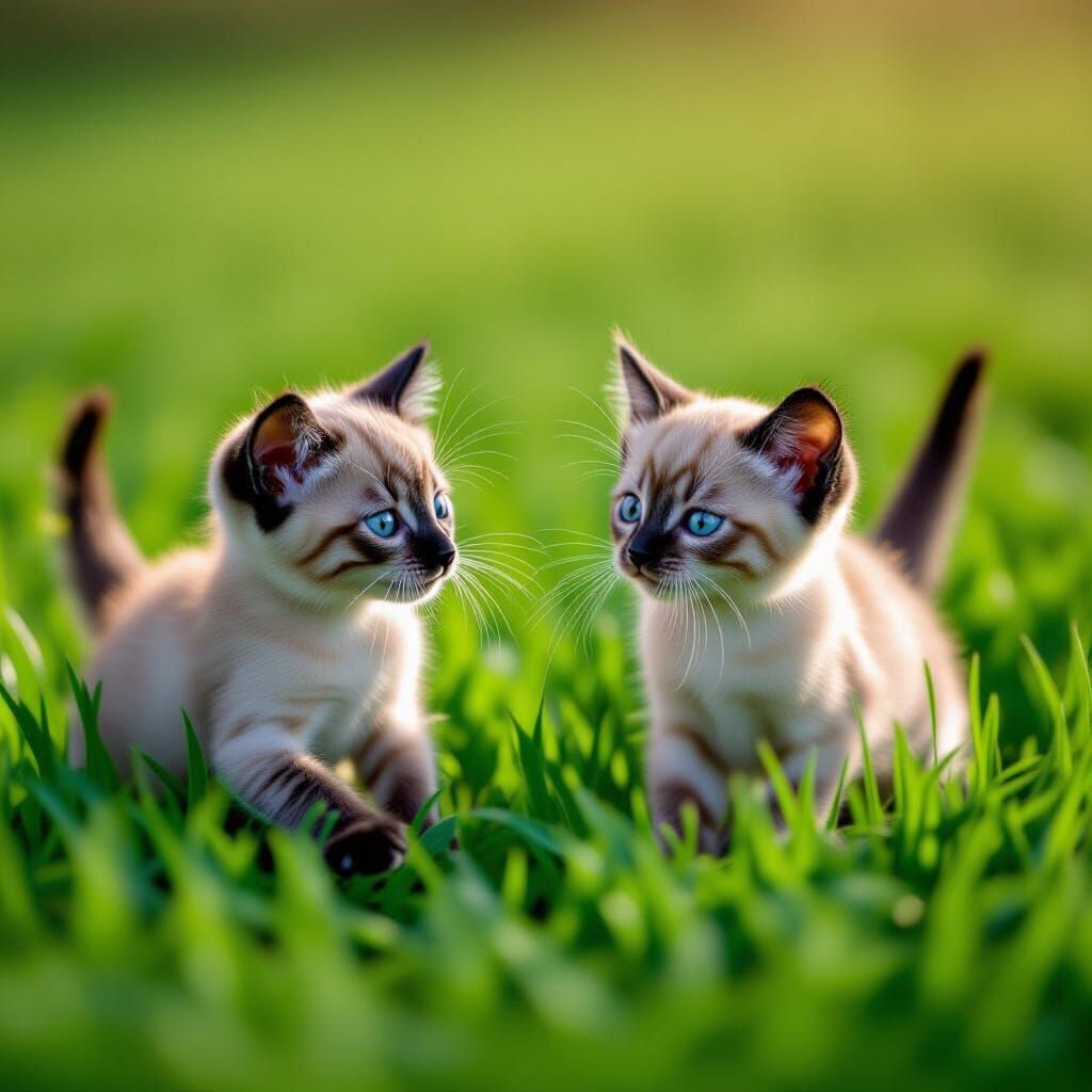 Siamese Kittens Play in a Lush Pasture