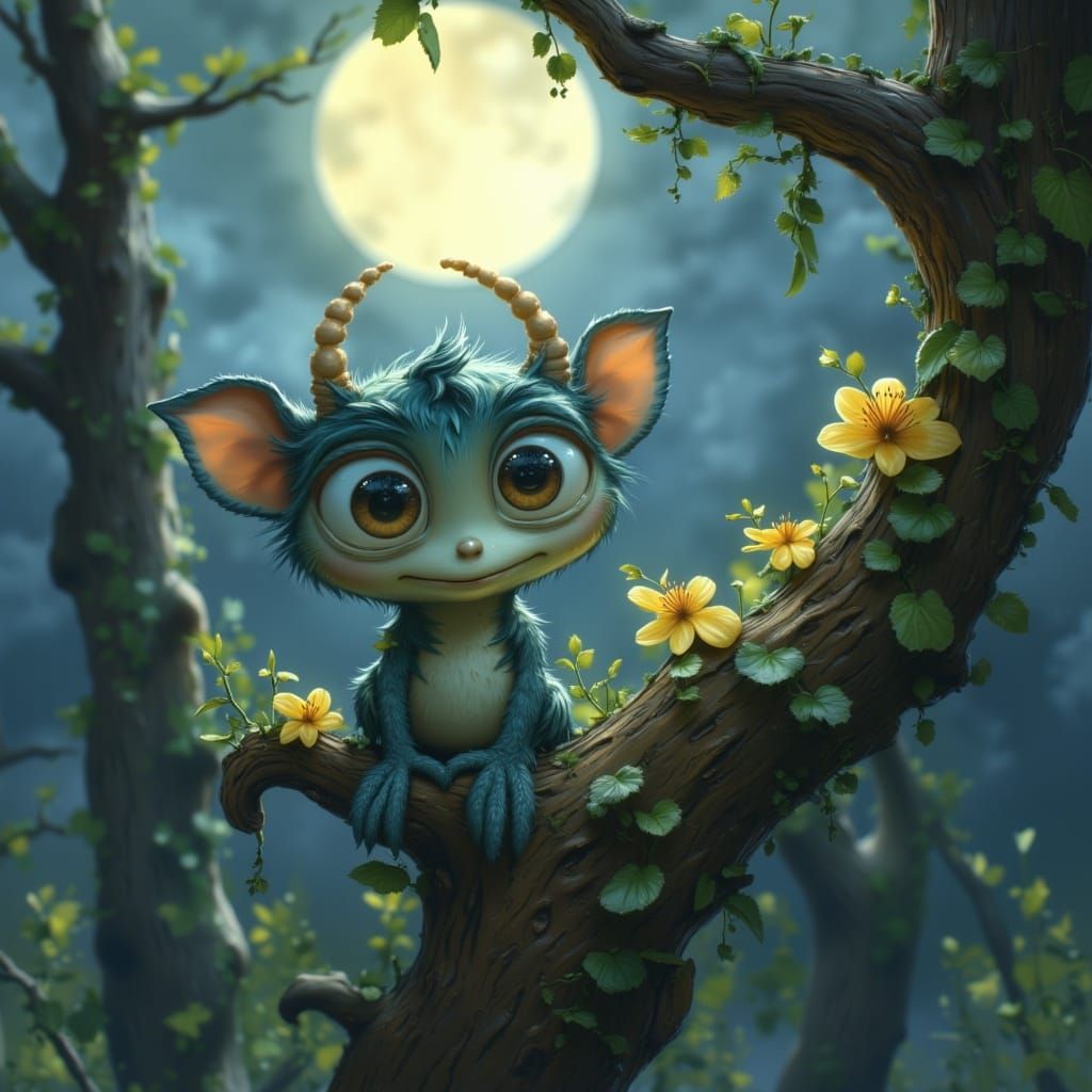  <lora:MJ6 Cuties:1.0>A cute baby monster with big eyes sitting on the top of an old tree, moonlight shining through the branches, fantasy a...