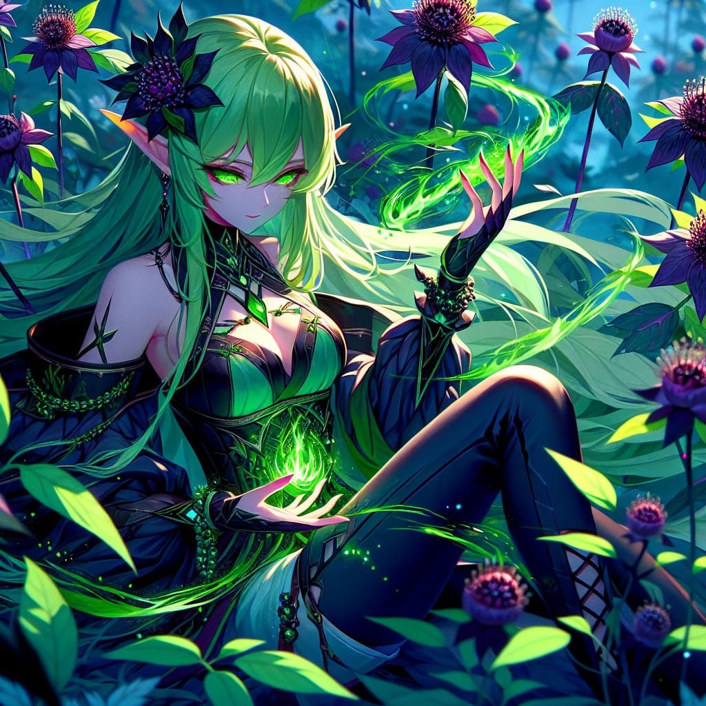 Elven Druid Amidst Deadly Nightshade, Anime Style