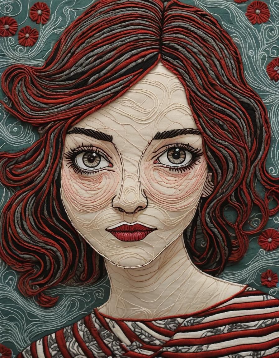 Whimsical Striped Portrait in Textile Art Style