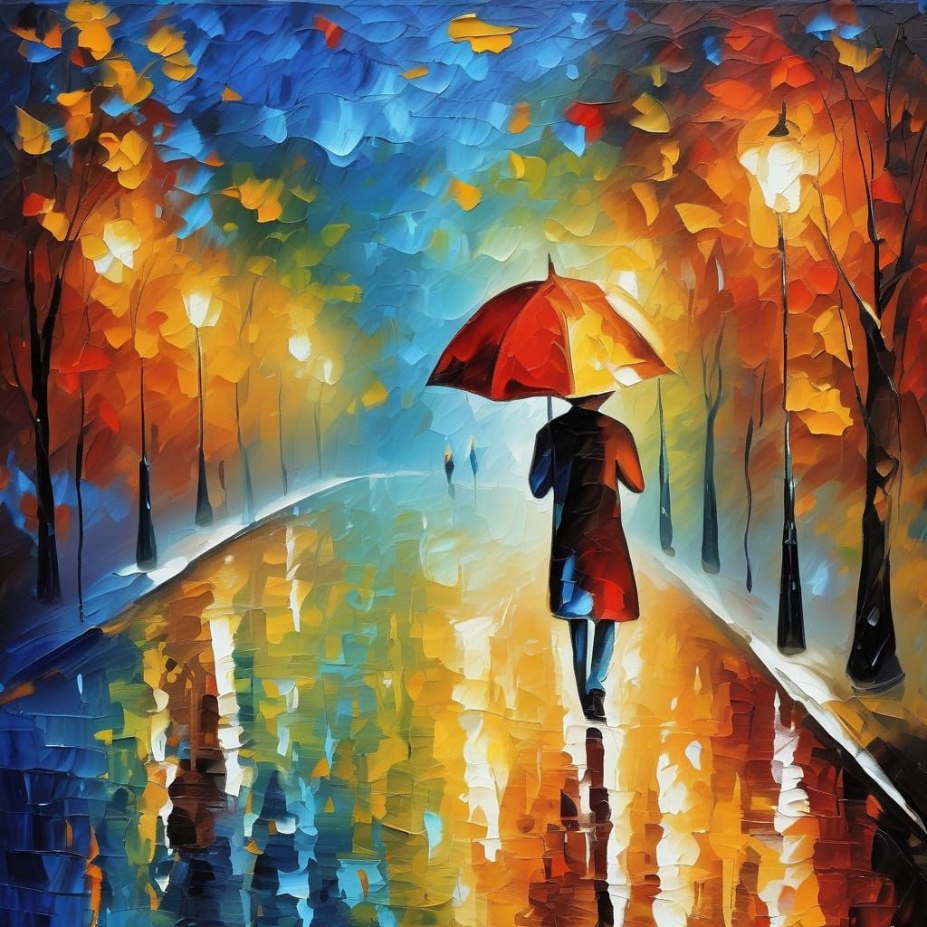Vibrant Autumn Street Scene in Impasto Oil Painting Style