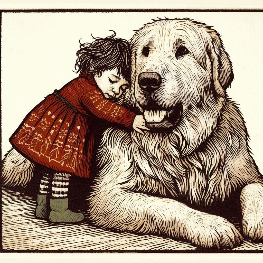 a toddler girl hugs her big dog