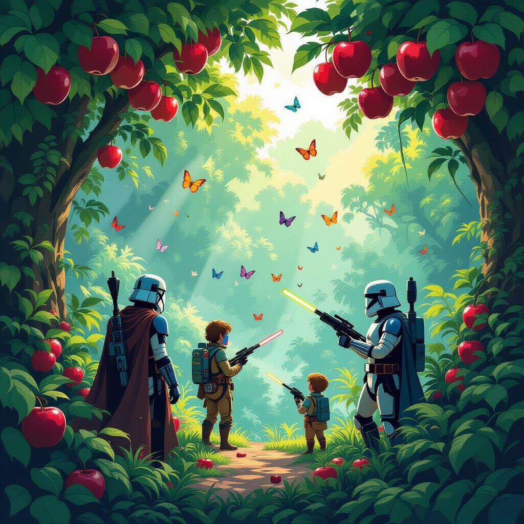Starwars in the rainforrest with Butterfly's and apples everywhere