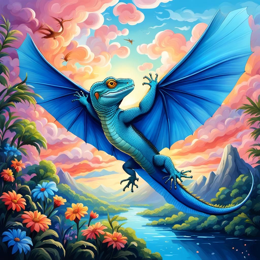 A lizard flying happily in the sky
