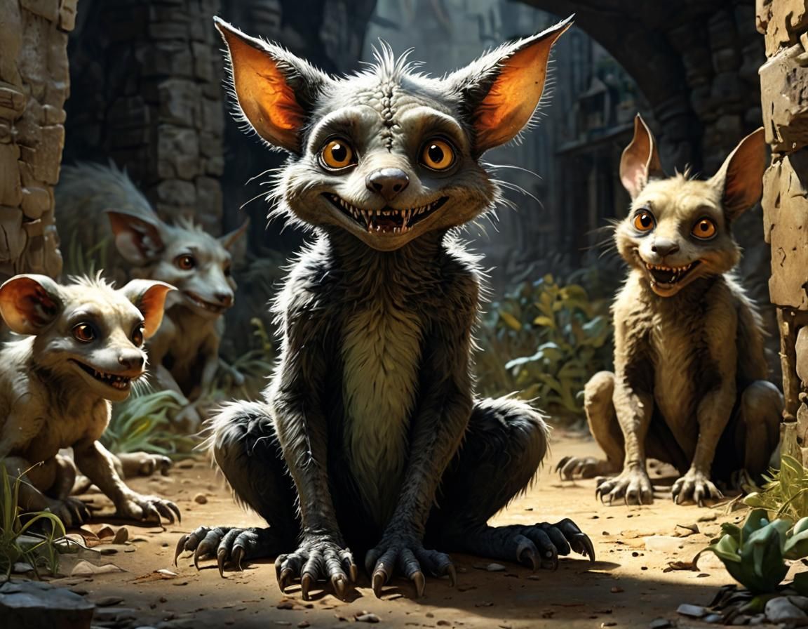 one adorable and cute chupacabra begging for a treat like a dog, Crooked teeth, big eyes, rough brushed fur