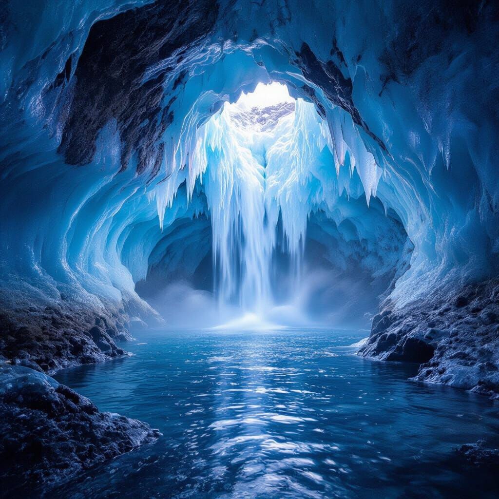 "A secret hidden waterfall inside a glowing ice cave, surreal 8K"
