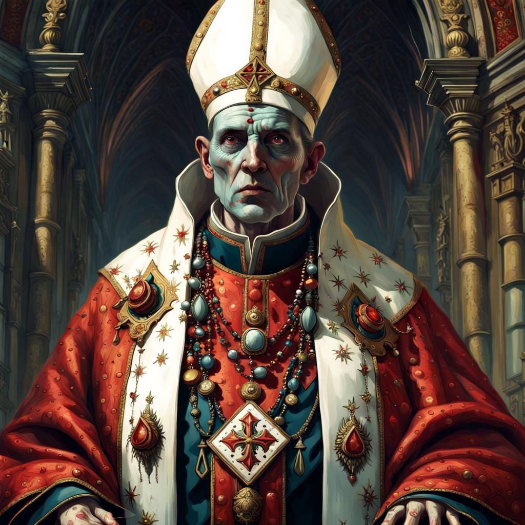 Insanely detailed male zombie pope. gothic, glitzy, sparling, elaborate ...