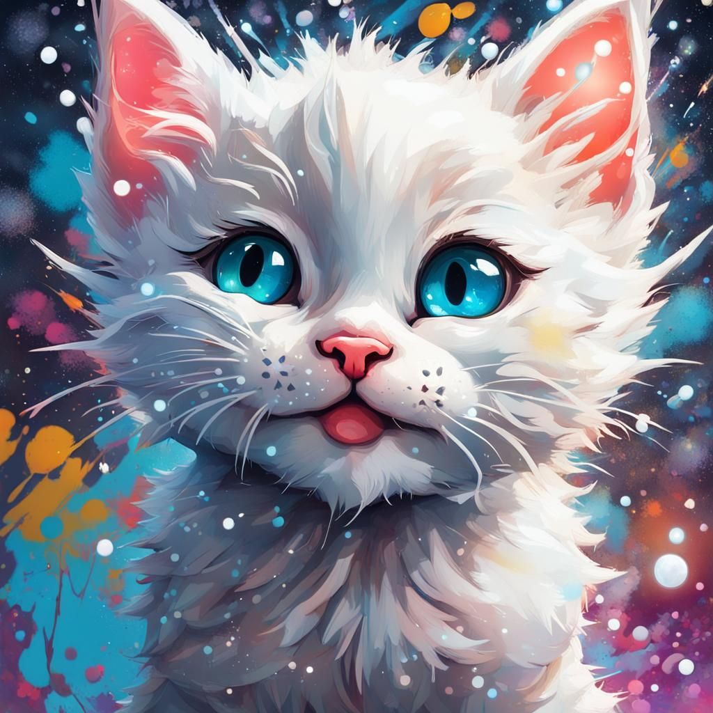 Smiling Kitten Touched by Snowflake in Graffiti Art