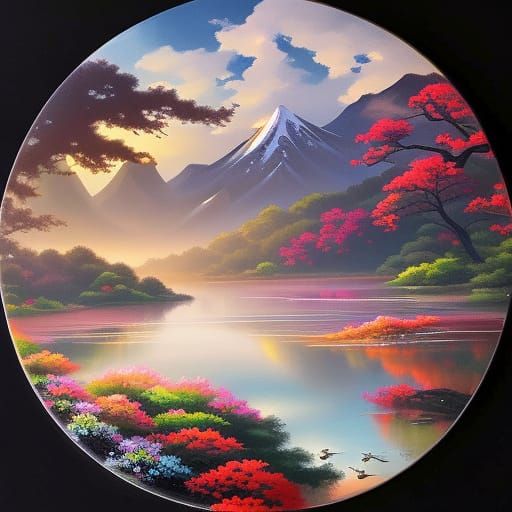 On a disk plate painted concept art painting of sunrise over...
