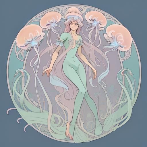 art nouveau jellyfish in pastel palette AI Generated Artwork