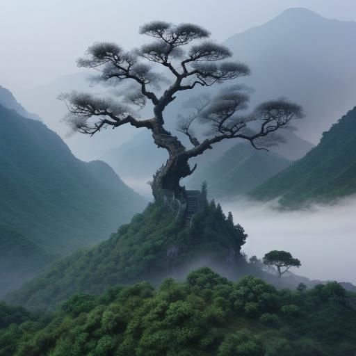 a chinese landscape with mist and a twisted old tree in the foreground and steep mountains in the background