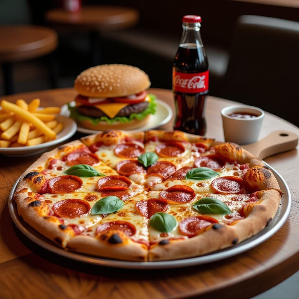 Enticing Pizza and Burger Meal Still Life