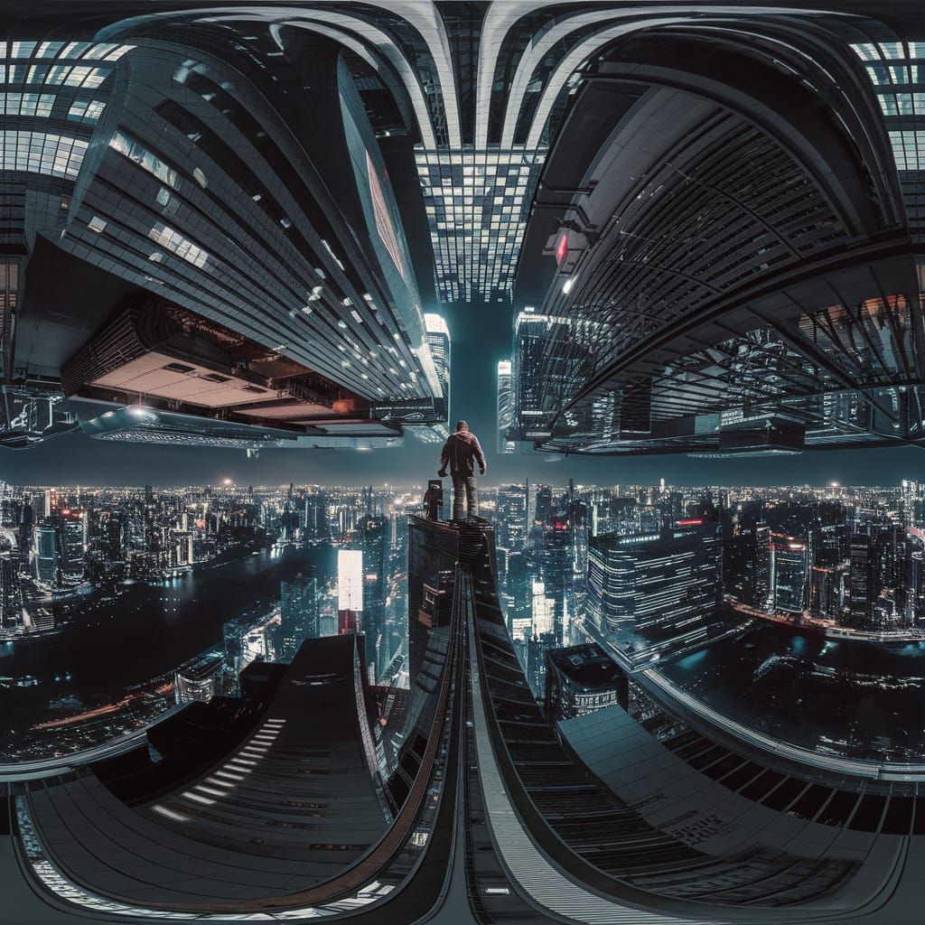 Inverted 360 degree Fisheye lens panorama photography of a man on top of a cyberpunk city skyscraper at night uncanny surreal  amazing detai...