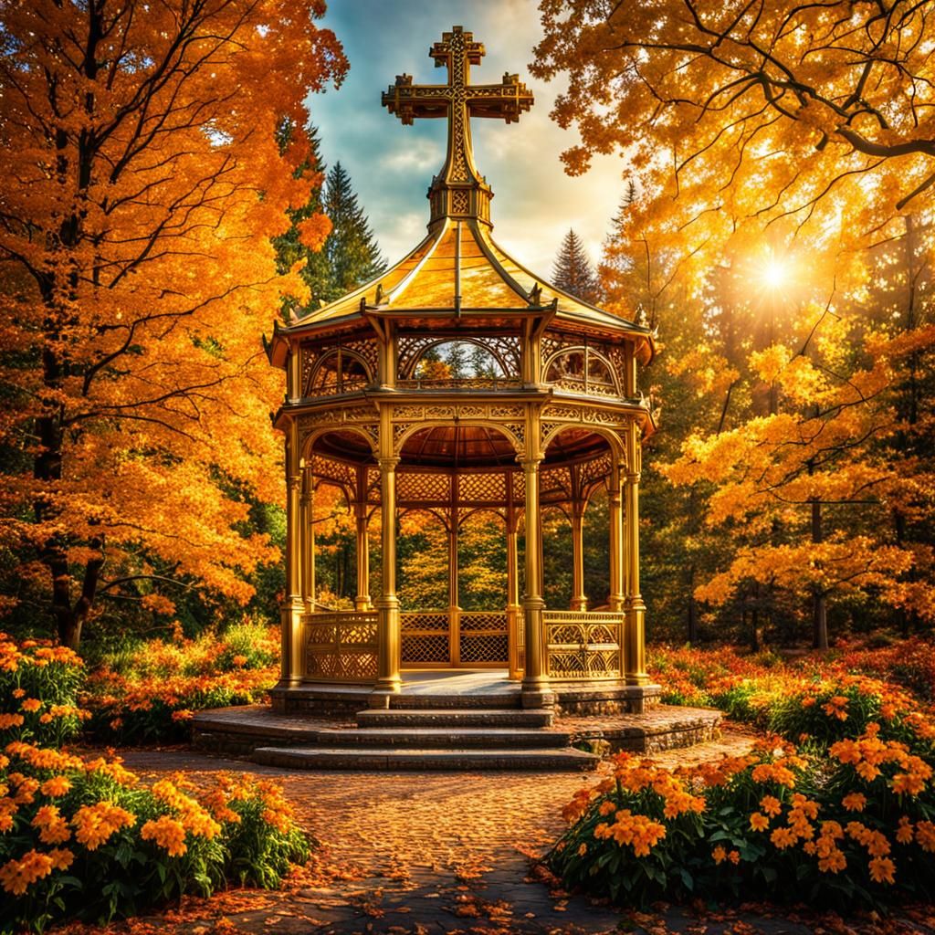 A golden gazebo with a cross on top in a forest park with trees and flowers during the autumn fall season. intricate details, HDR, beautiful...