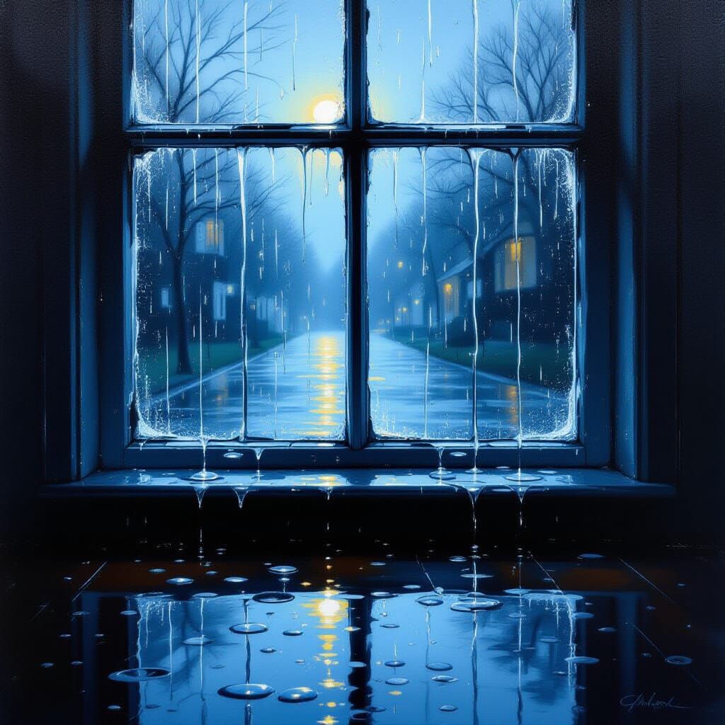 Hyperrealistic Oil Painting of a Rain-Streaked Window